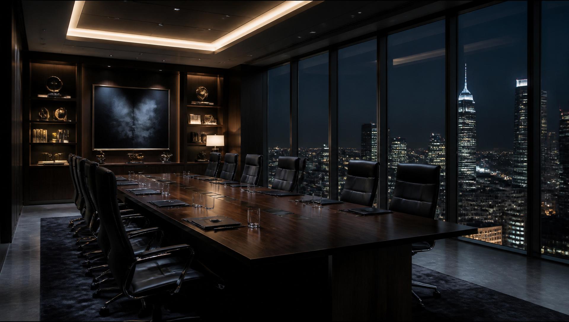 Executive boardroom overlooking a city at night